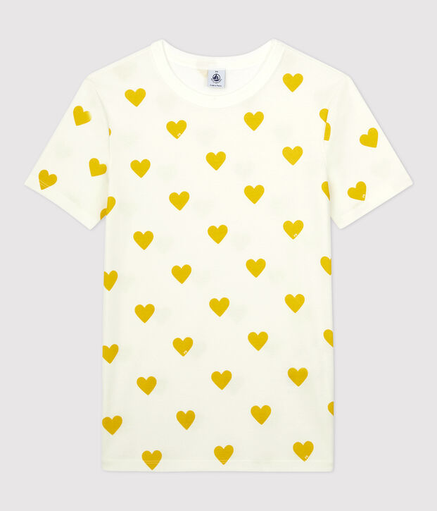 Katoenen Dames t-shirt met ronde hals en hartjes wit/geel