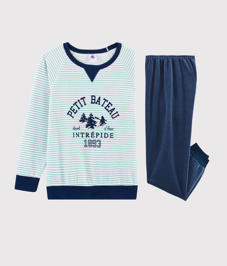 Fluwelen jongenspyjama met yeti-motief blauw/multicouleur