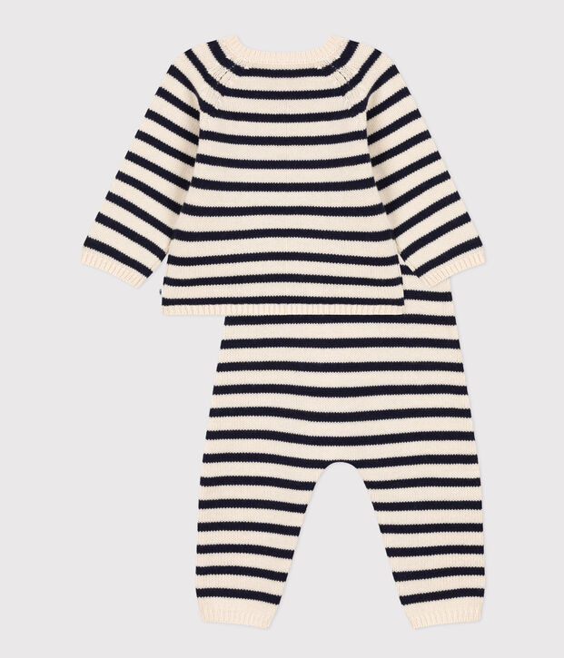 Ensemble en tricot laine et coton rayure marini&egrave;re b&eacute;b&eacute; &eacute;cru/bleu