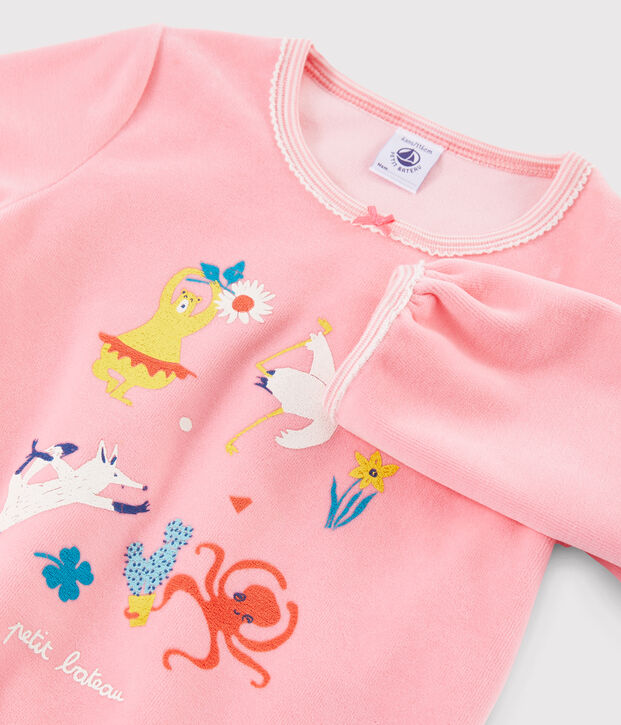 Pyjama rose animaux yoga petite fille en velours rose