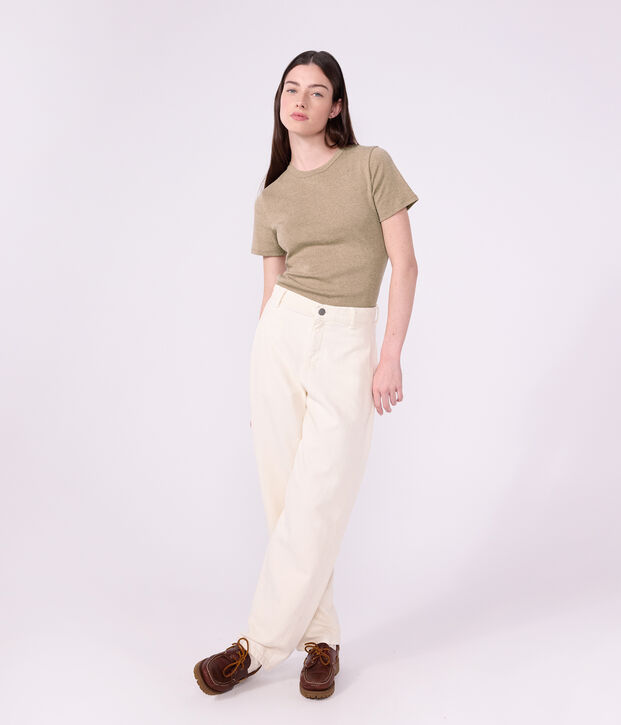 Dames-T-shirt van effen katoen met korte mouwen beige