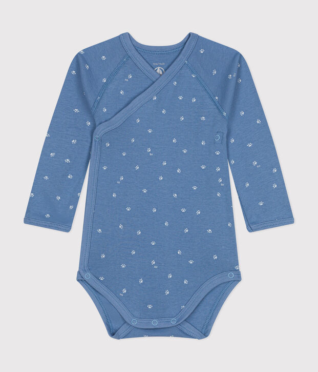 Katoenen overslagbody met lange mouwen voor baby's blauw/wit
