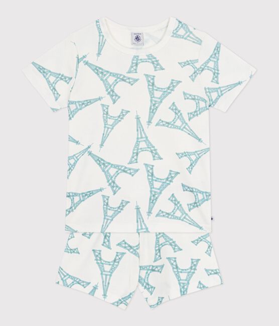 Korte katoenen kinderpyjama met Eiffeltorenprint wit MARSHMALLOW/wit MULTICO