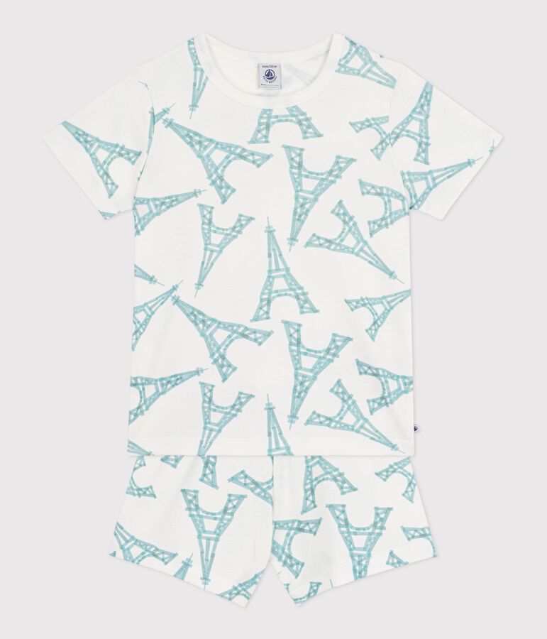 Korte katoenen kinderpyjama met Eiffeltorenprint wit/multicouleur