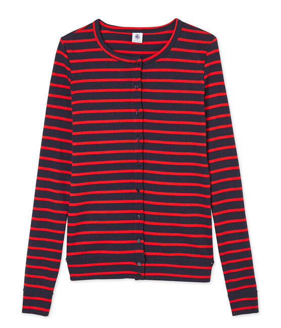 Gestreepte damescardigan blauw SMOKING/rood PEPS