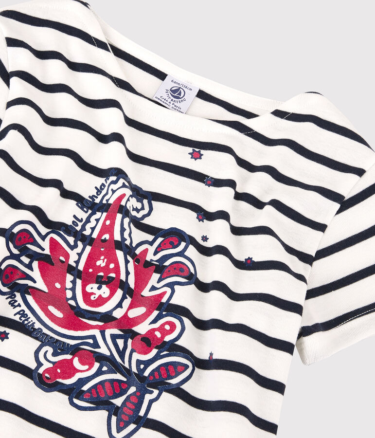 T-shirt manches courtes en coton bio enfant fille blanc/bleu