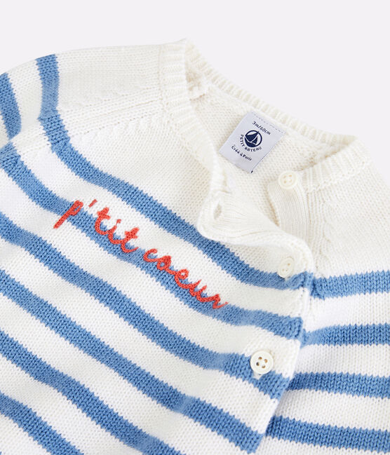 Ensemble 2 pièces marinière bébé en tricot laine et coton blanc MARSHMALLOW/bleu ALASKA