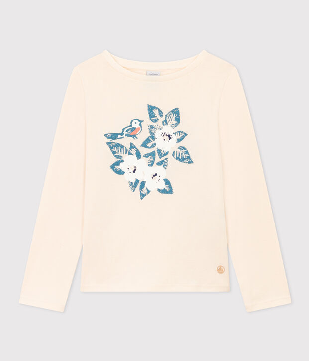 T-shirt met lange mouwen uit katoen voor meisjes ecru/blauw