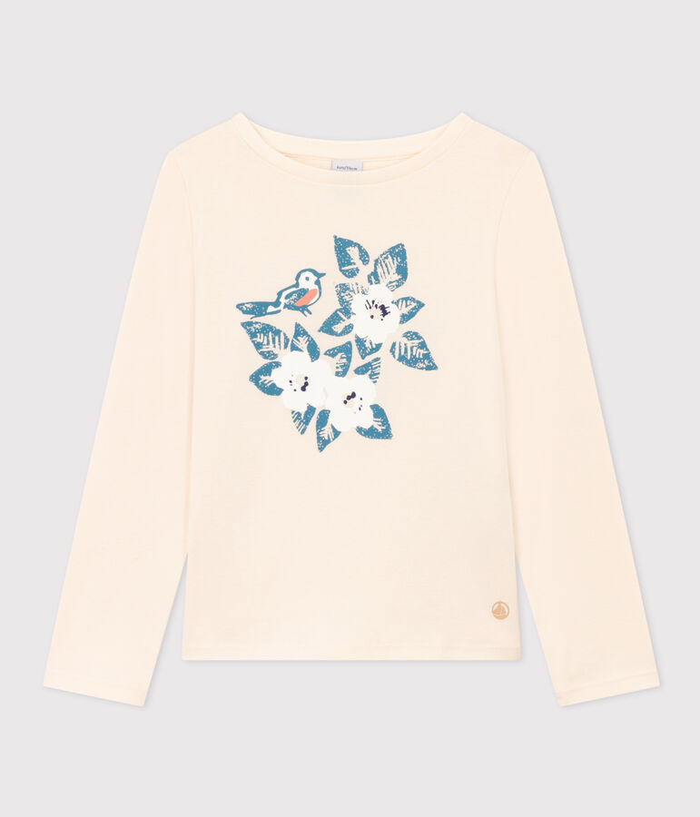 Tee-shirt manches longues en coton enfant fille &eacute;cru/bleu