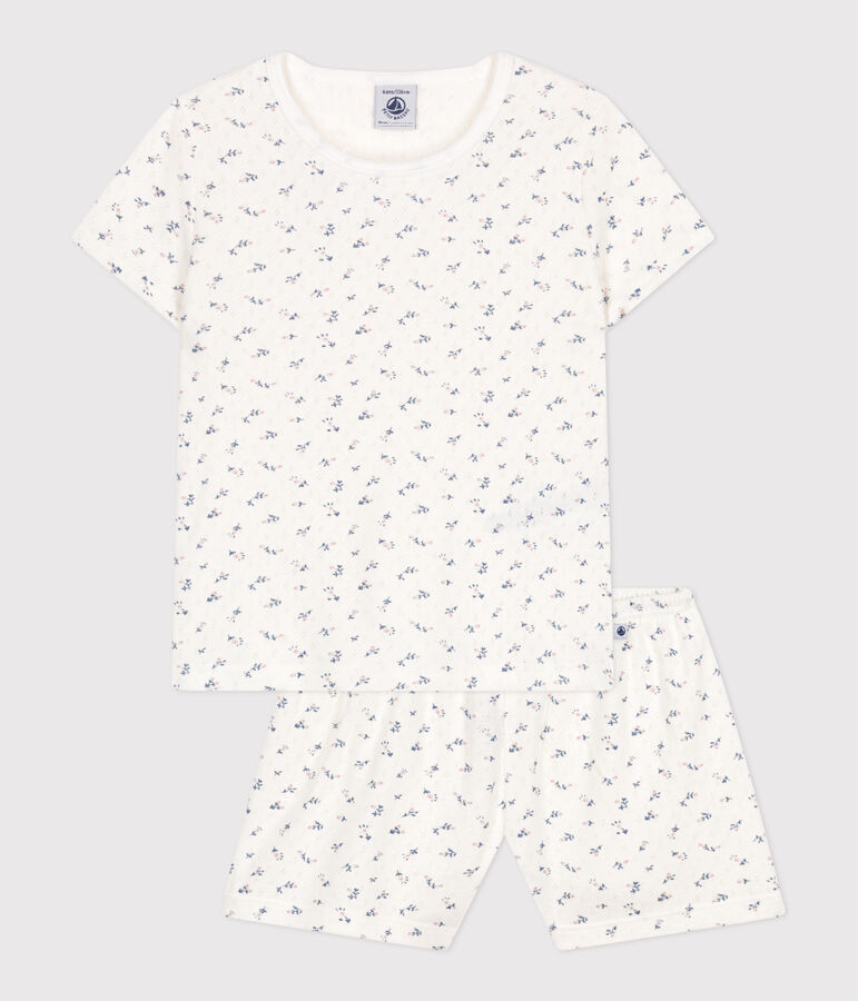 Pyjama short enfant en coton ajour&eacute; imprim&eacute; fleurs blanc/multicouleur