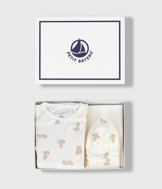 Geschenkset van katoen met print voor baby's wit/BRUN