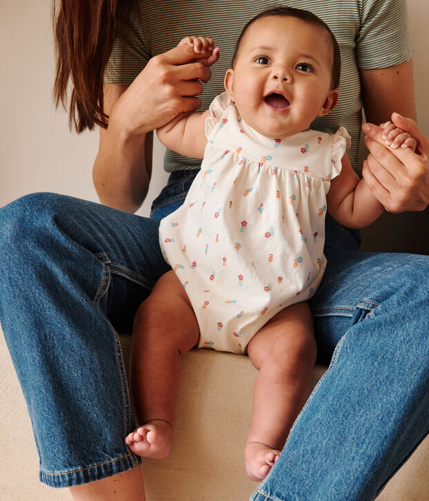 Barboteuse b&eacute;b&eacute; en coton, imprim&eacute; petites fleurs champ&ecirc;tres blanc/multicouleur