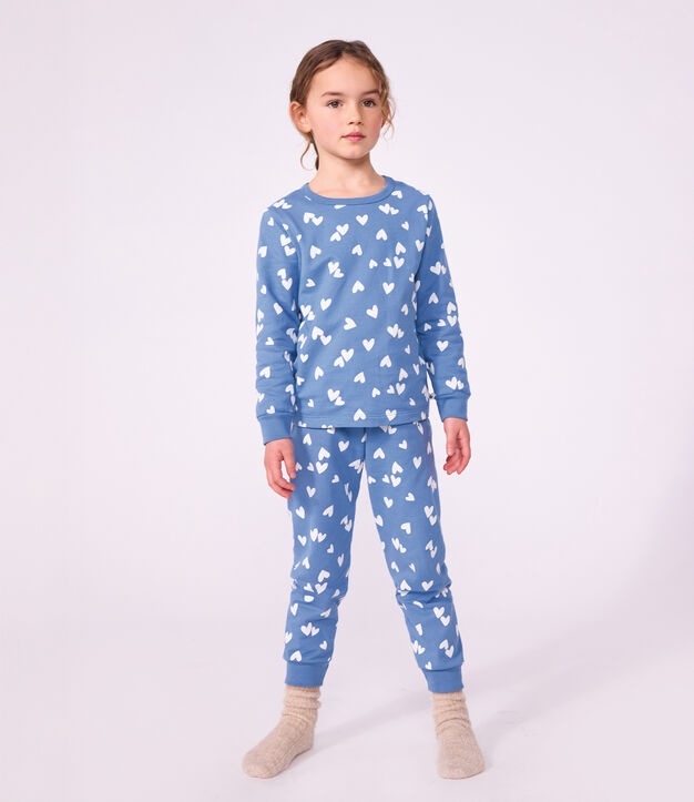 Kinderpyjama van fleece met hartjesprint blauw/wit