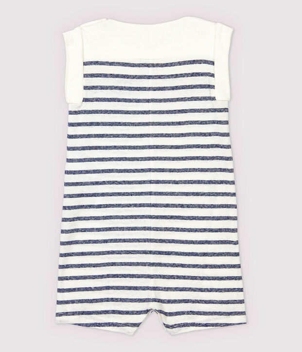 Korte gestreepte katoenen/linnen jumpsuit voor babyjongens wit/blauw
