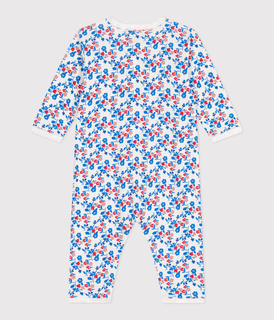 Katoenen babypyjama zonder voetjes met bloemenprint wit MARSHMALLOW/wit MULTICO
