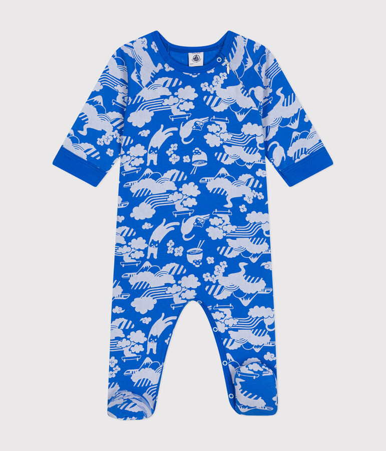 Pyjama zipp&eacute; en coton b&eacute;b&eacute; bleu/blanc