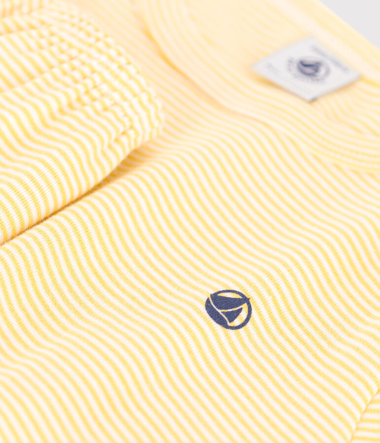 Korte katoenen kinderpyjama met streepjes geel/wit