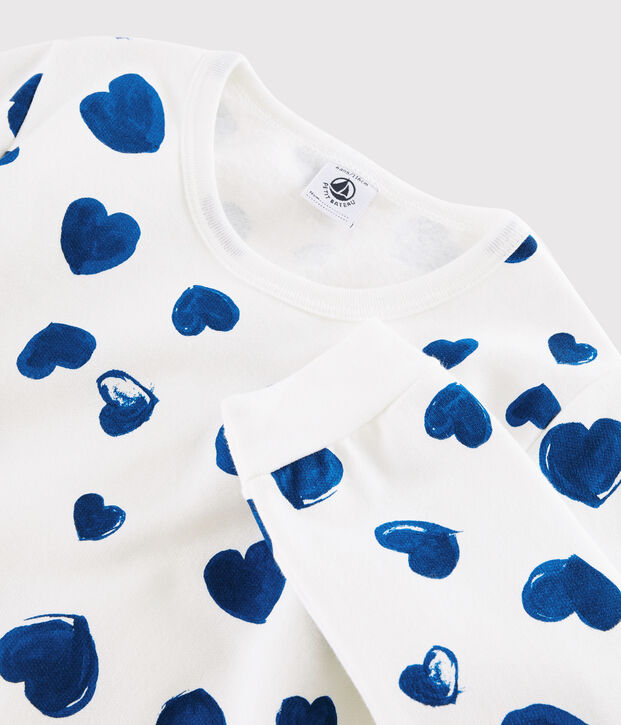 Meisjes-dame pyjama van ribtricot met hartjesprint wit/blauw