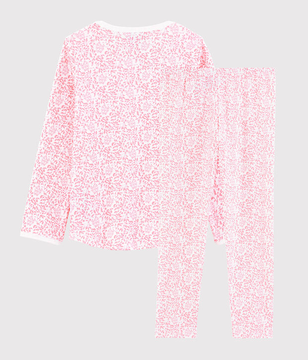 Meisjespyjama met roze bloem in ribkatoen wit/roze