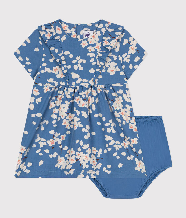 Robe manches courtes et bloomer en popeline b&eacute;b&eacute; bleu/multicouleur