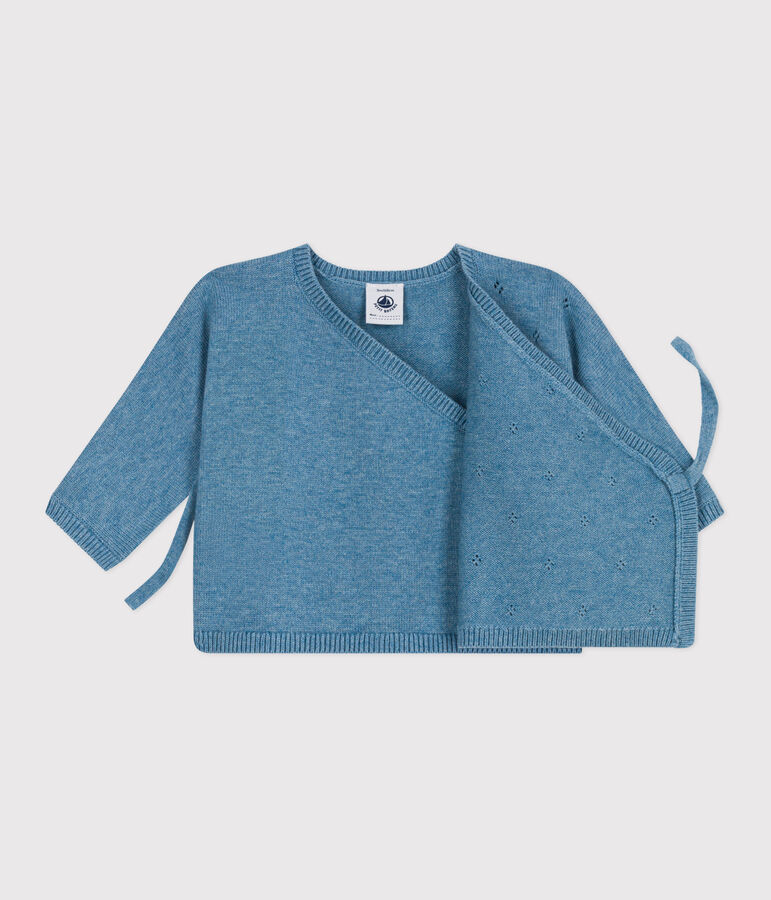 Brassi&egrave;re b&eacute;b&eacute; cache-c&oelig;ur ajour&eacute;e en tricot laine et coton bleu