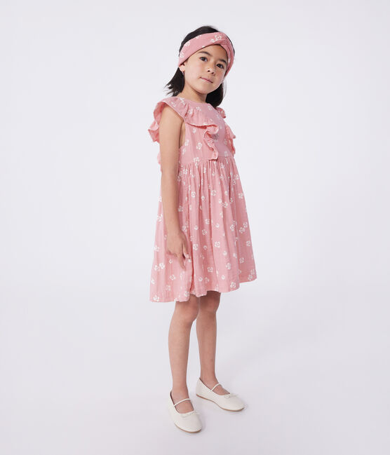 Mouwloze katoenen kinderjurk met bloemenprint roze CHARME/wit MARSHMALLOW