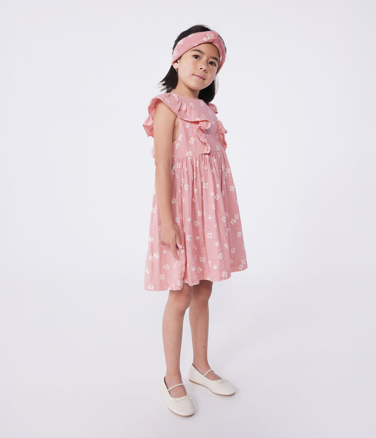Robe sans manches enfant en coton fleurie rose/blanc