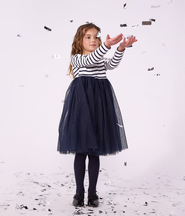 Robe enfant en coton et tulle manches longues &agrave; rayures blanc/bleu