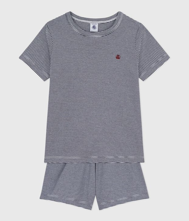 Pyjama short enfant en coton &agrave; rayures bleu/blanc