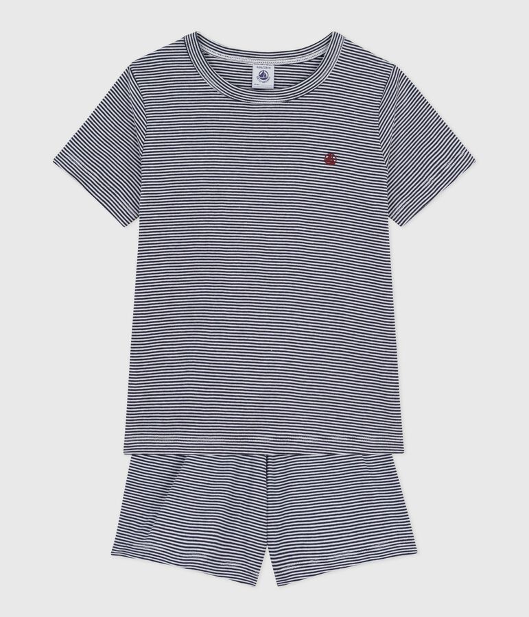 Pyjama short enfant en coton &agrave; rayures bleu/blanc