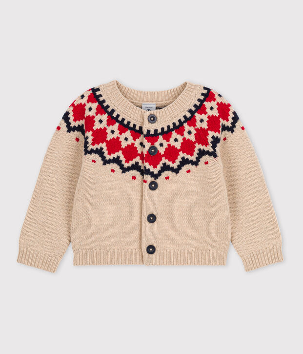 Babycardigan in tricot van wol en katoen beige/multicouleur