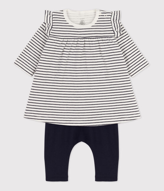 Leggingjurk met milleraies-strepen in katoenen tubic voor baby's wit MARSHMALLOW/blauw SMOKING