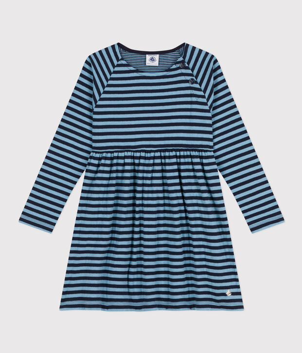 Gestreepte meisjesjurk met lange mouwen in tubic blauw/blauw
