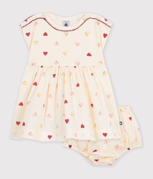 Katoenen babyjurkje met korte mouwen en hartjesprint ecru/multicouleur