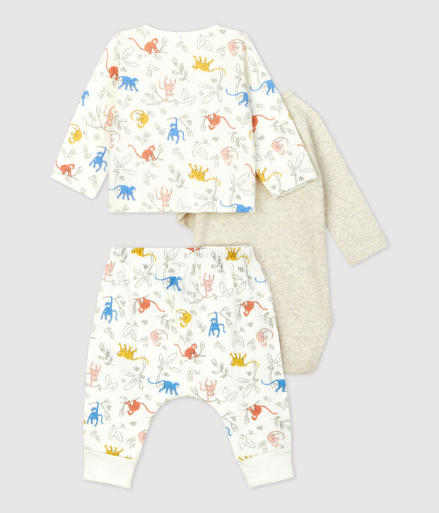 Ensemble 3 pi&egrave;ces imprim&eacute; singes en tubique bio b&eacute;b&eacute; blanc/multicouleur