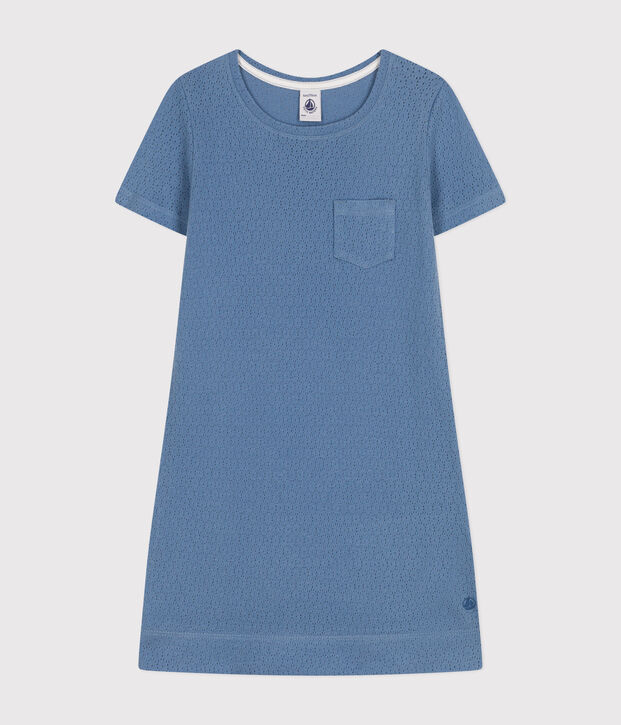 Effen katoenen kindernachthemd met ajour blauw