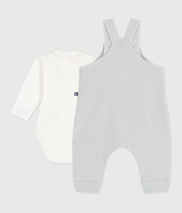 Effen katoenen babysetje met salopette, verfraaid met verfijnde details blauw/wit