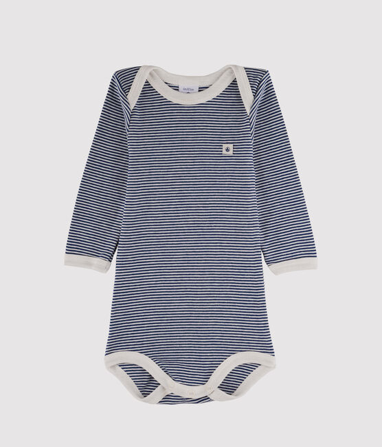 Rompertje lange mouwen babyjongen blauw MEDIEVAL/wit MARSHMALLOW