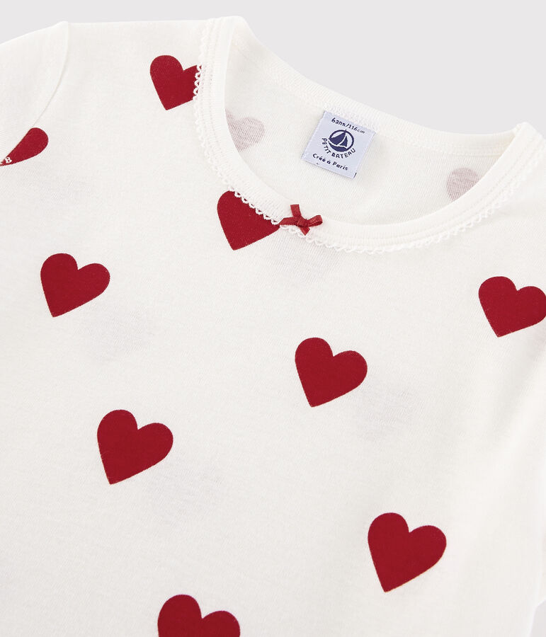 Chemise de nuit coeur petite fille en coton blanc/rouge