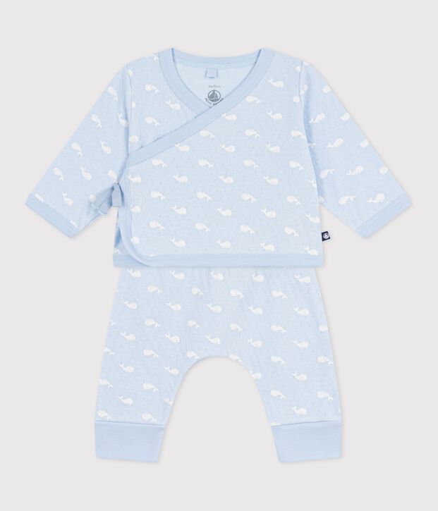 Tweedelig lang babysetje van katoen met walvisprint blauw/ecru