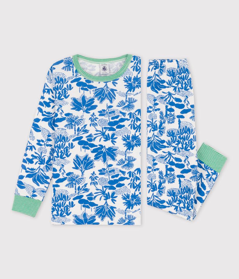 Katoenen jongenspyjama met plantenprint wit/blauw