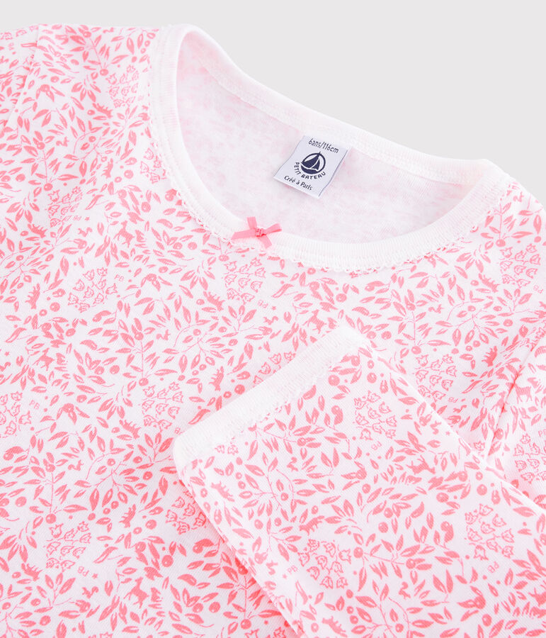 Meisjespyjama met roze bloem in ribkatoen wit/roze