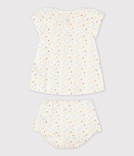 Robe manches courtes fruitée avec bloomer bébé fille en tubique chaine et trame en coton biologique blanc MARSHMALLOW/blanc MULTICO