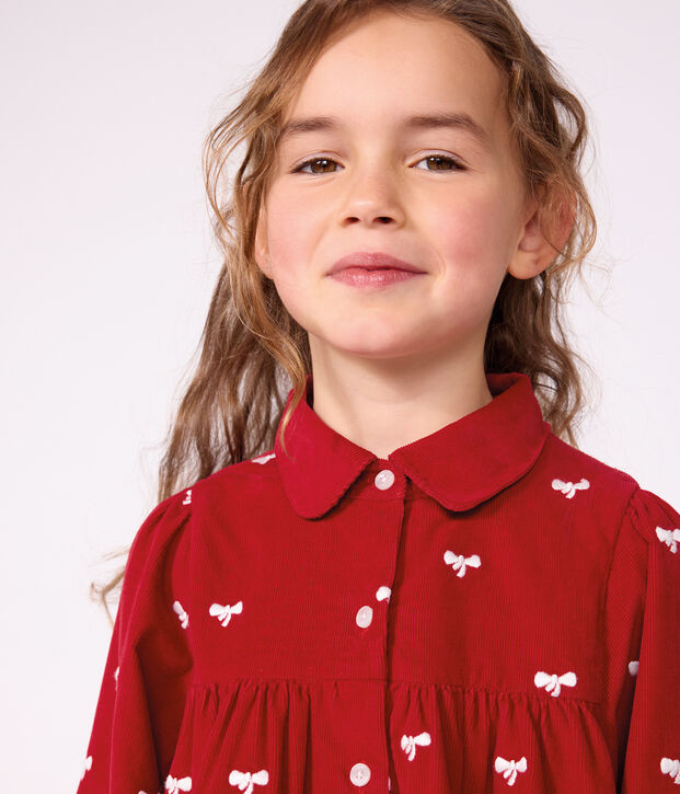 Robe enfant en velours manches longue imprim&eacute;e n&oelig;uds rouge/&eacute;cru