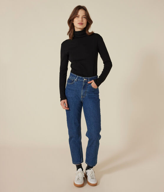 L'ICONIQUE, dames-T-shirt met rolkraag in katoen zwart BLACK