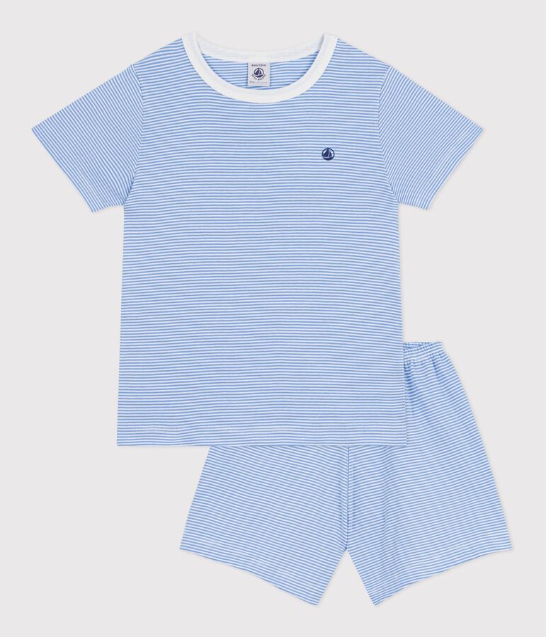Pyjama short enfant en coton &agrave; rayures bleu/blanc