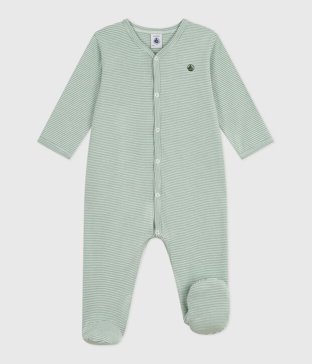 Pyjama b&eacute;b&eacute; en coton &agrave; rayures milleraies vert/blanc