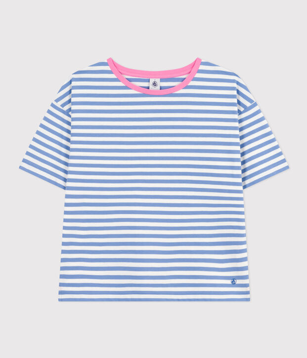 Tee-shirt le Boxy en coton ray&eacute; femme bleu/blanc