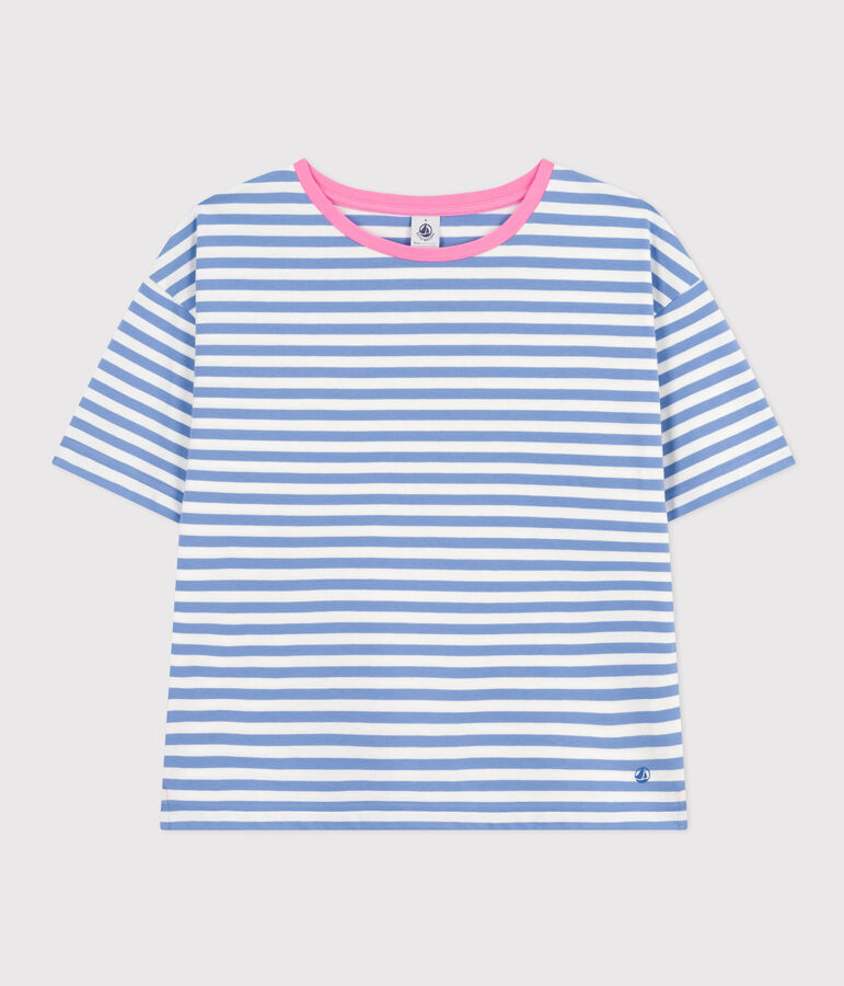 Tee-shirt le Boxy en coton ray&eacute; femme bleu/blanc