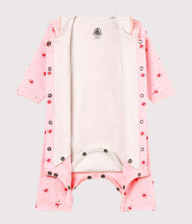Bodyjama zonder voetjes voor babymeisje van 1x1 ribstof met print roze/multicouleur